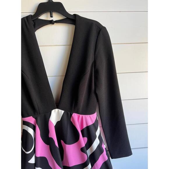 Rubber Ducky Inc. Black Pink Long Sleeve Plunge Neckline Dress Size Small USA - Picture 5 of 10